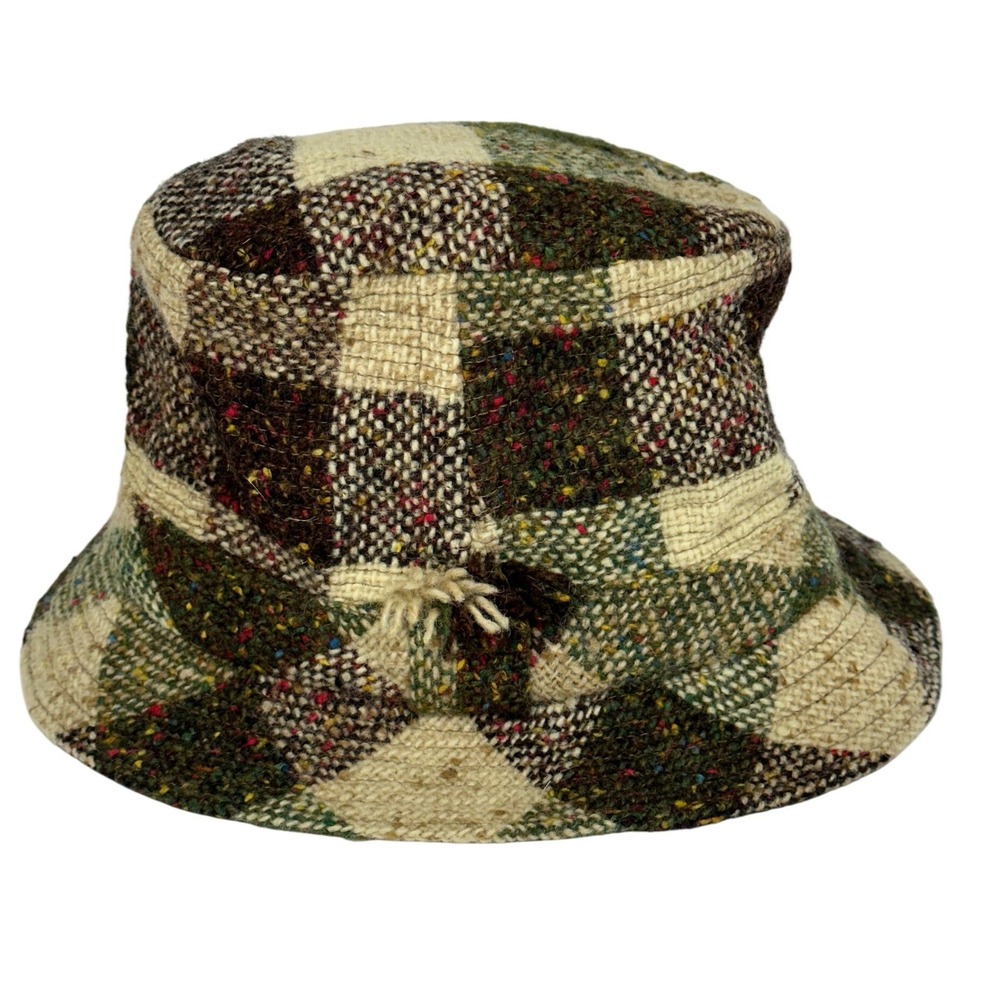 VTG David Hanna & Sons Ltd Bucket Hat Brown Plaid Donegal Wool Patch 7 1/8 Men